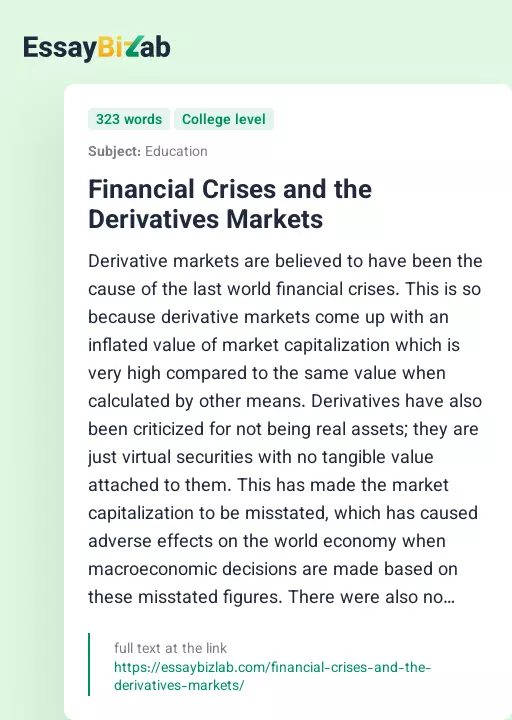 Financial Crises and the Derivatives Markets - Essay Preview