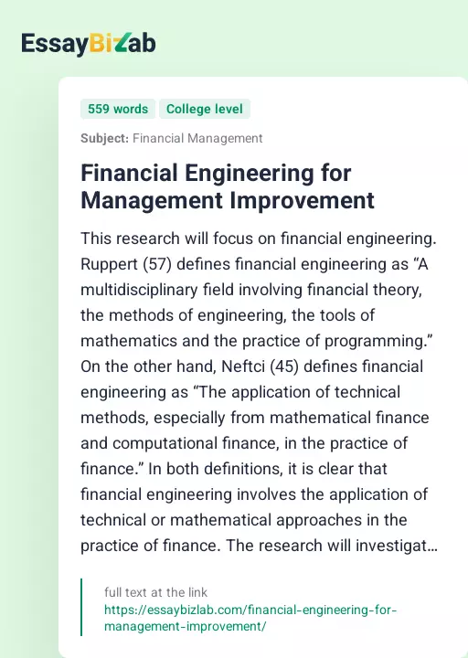 Financial Engineering for Management Improvement - Essay Preview