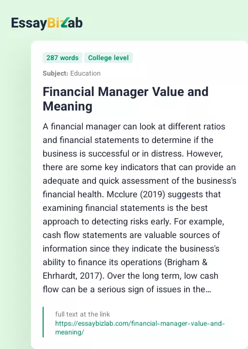 Financial Manager Value and Meaning - Essay Preview