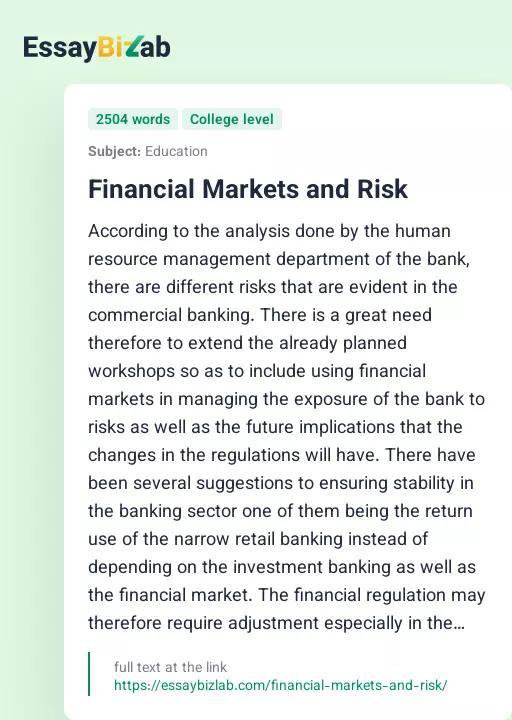 Financial Markets and Risk - Essay Preview