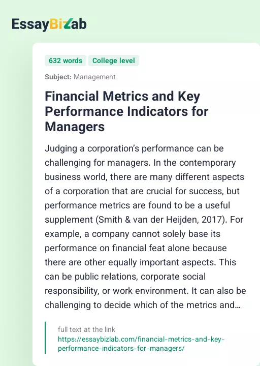 Financial Metrics and Key Performance Indicators for Managers - Essay Preview