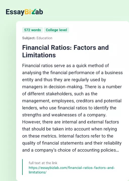 Financial Ratios: Factors and Limitations - Essay Preview