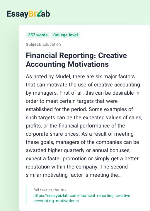 Financial Reporting: Creative Accounting Motivations - Essay Preview
