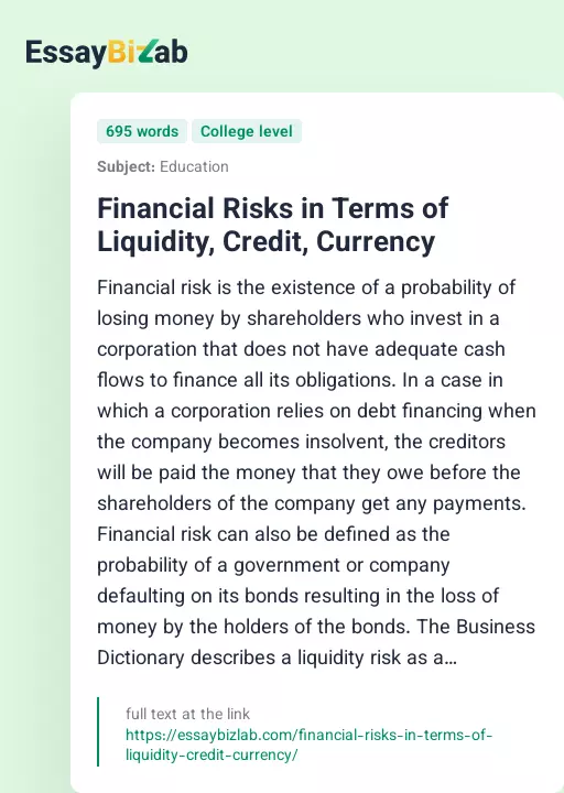Financial Risks in Terms of Liquidity, Credit, Currency - Essay Preview