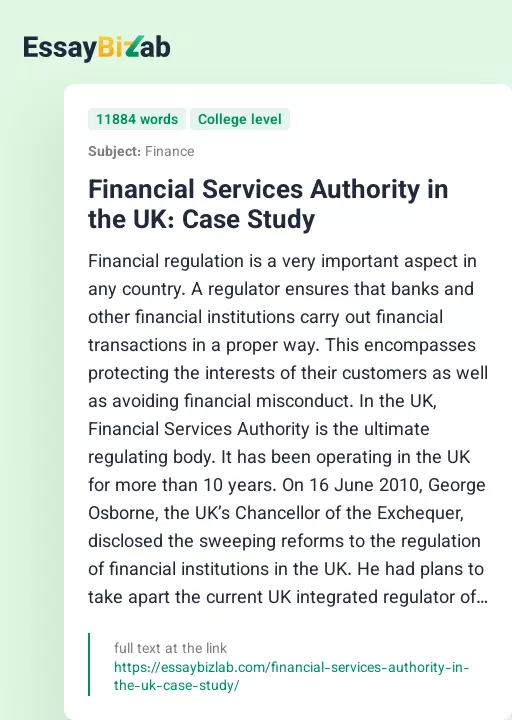 Financial Services Authority in the UK: Case Study - Essay Preview