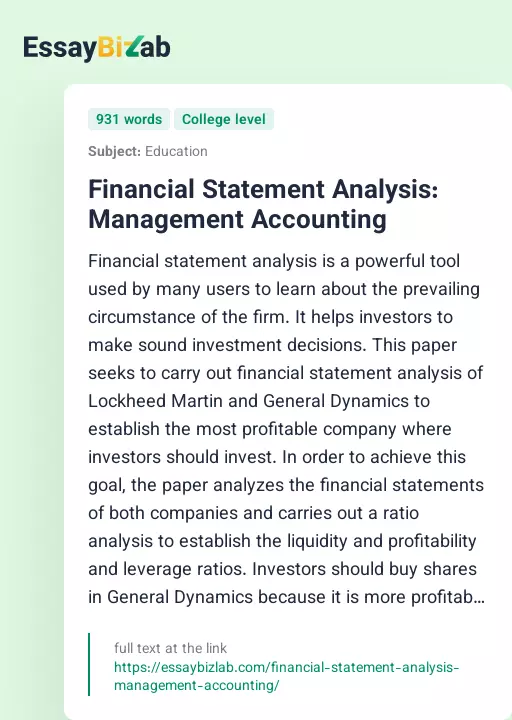 Financial Statement Analysis: Management Accounting - Essay Preview