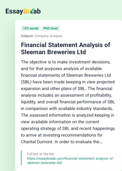 Financial Statement Analysis of Sleeman Breweries Ltd - Essay Preview