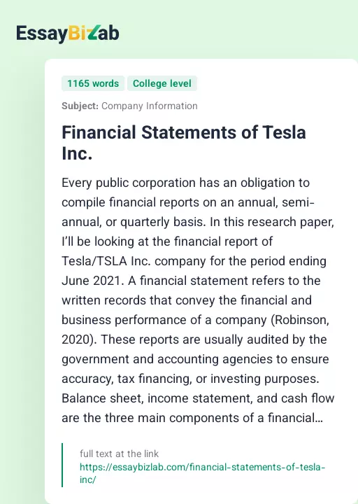 Financial Statements of Tesla Inc. - Essay Preview