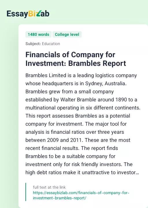 Financials of Company for Investment: Brambles Report - Essay Preview