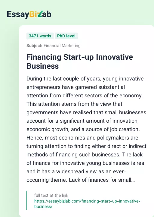 Financing Start-up Innovative Business - Essay Preview
