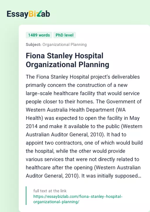 Fiona Stanley Hospital Organizational Planning - Essay Preview