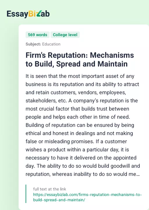 Firm's Reputation: Mechanisms to Build, Spread and Maintain - Essay Preview