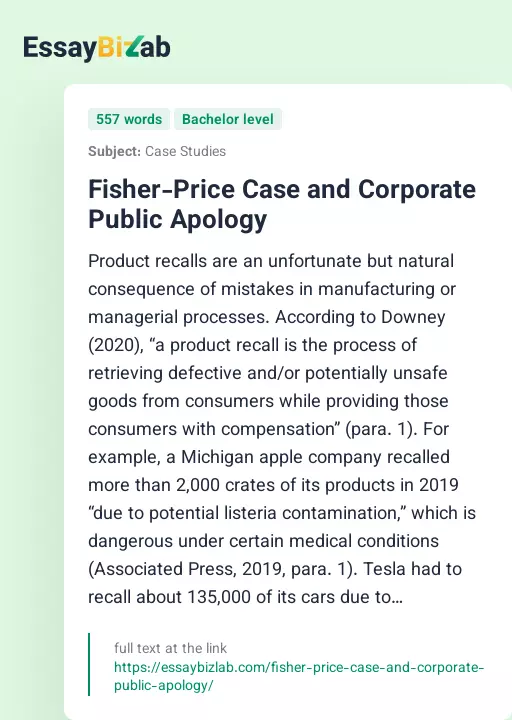 Fisher-Price Case and Corporate Public Apology - Essay Preview