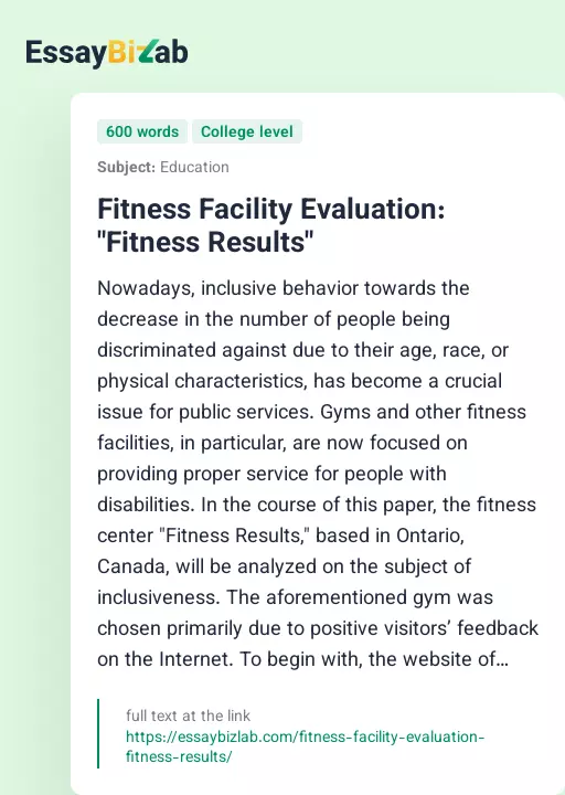 Fitness Facility Evaluation: "Fitness Results" - Essay Preview