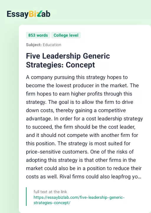 Five Leadership Generic Strategies: Concept - Essay Preview
