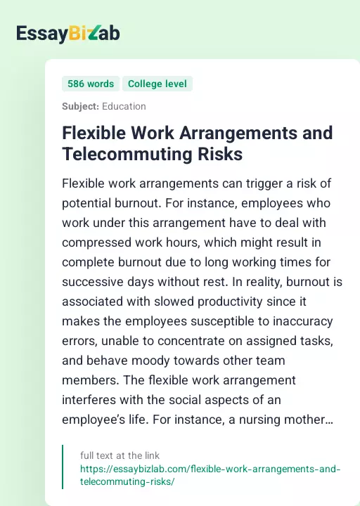 Flexible Work Arrangements and Telecommuting Risks - Essay Preview