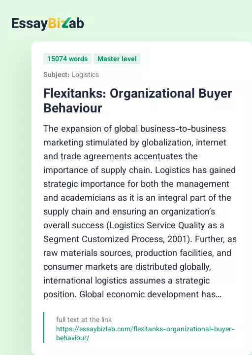 Flexitanks: Organizational Buyer Behaviour - Essay Preview