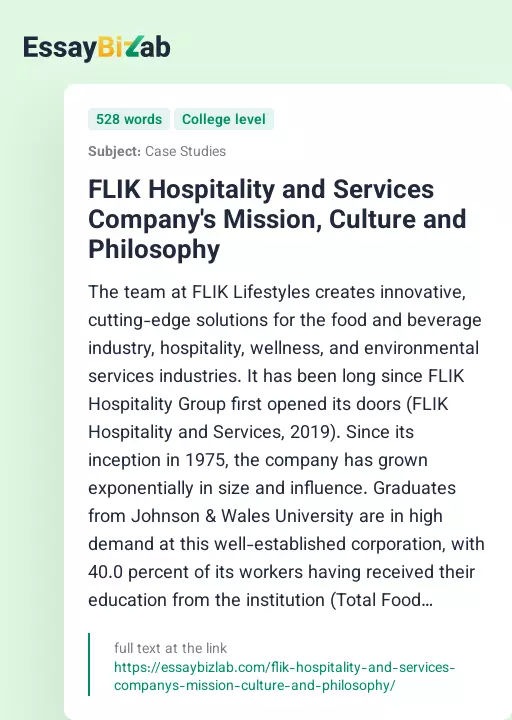 FLIK Hospitality and Services Company's Mission, Culture and Philosophy - Essay Preview