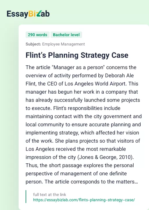 Flint’s Planning Strategy Case - Essay Preview