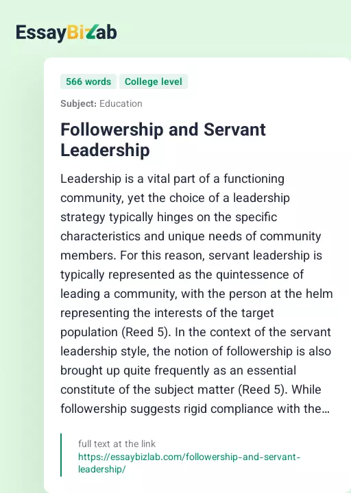 Followership and Servant Leadership - Essay Preview