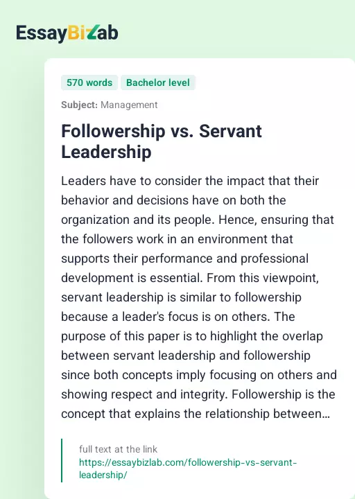 Followership vs. Servant Leadership - Essay Preview