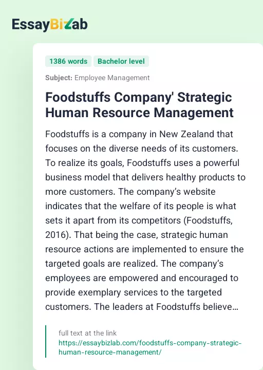 Foodstuffs Company' Strategic Human Resource Management - Essay Preview