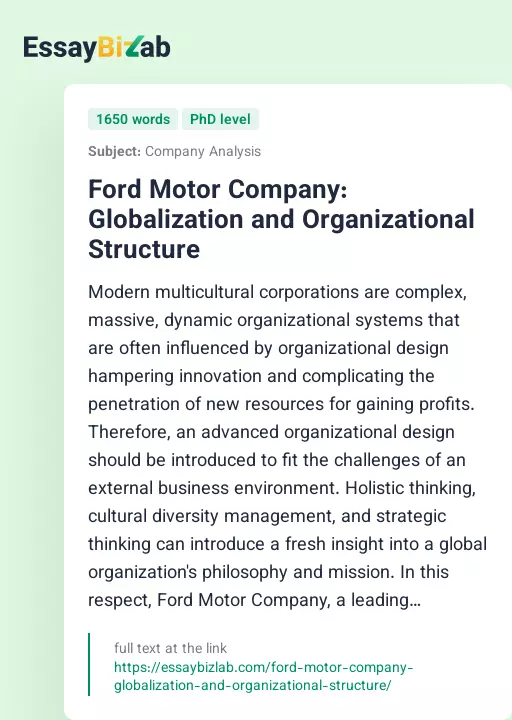 Ford Motor Company: Globalization and Organizational Structure - Essay Preview