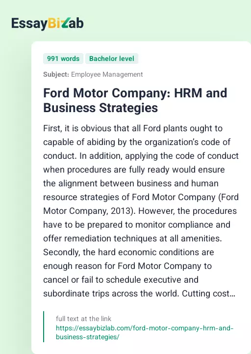 Ford Motor Company: HRM and Business Strategies - Essay Preview