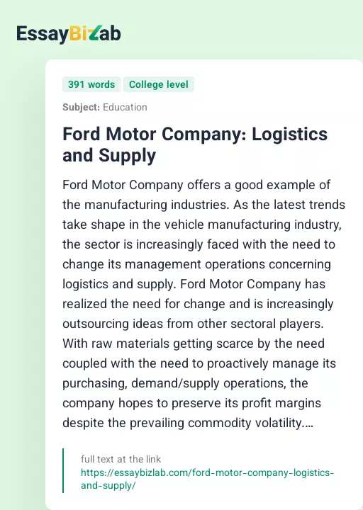 Ford Motor Company: Logistics and Supply - Essay Preview