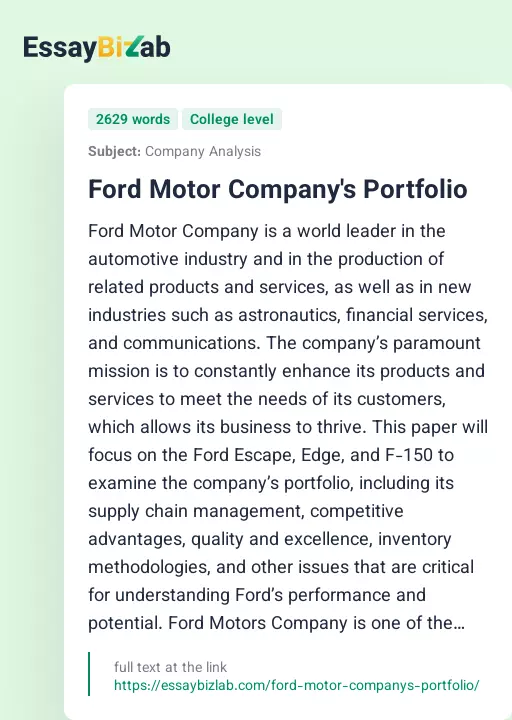 Ford Motor Company's Portfolio - Essay Preview