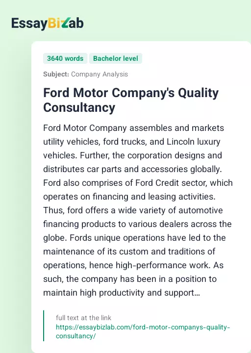 Ford Motor Company's Quality Consultancy - Essay Preview