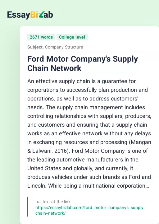 Ford Motor Company's Supply Chain Network - Essay Preview