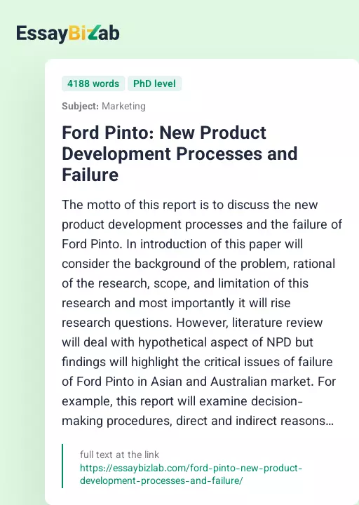 Ford Pinto: New Product Development Processes and Failure - Essay Preview