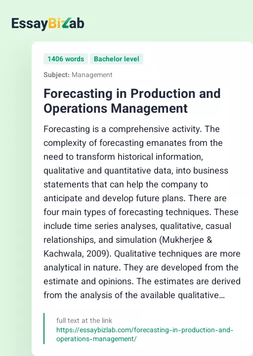 Forecasting in Production and Operations Management - Essay Preview