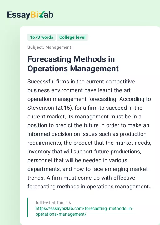 Forecasting Methods in Operations Management - Essay Preview