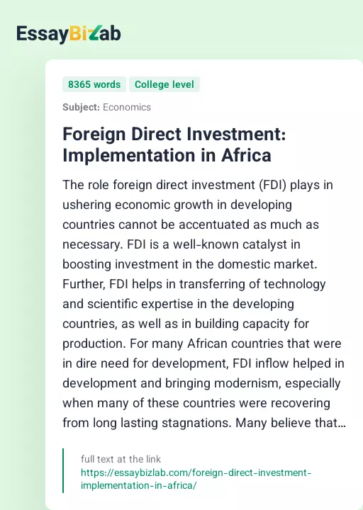 Foreign Direct Investment: Implementation in Africa - Essay Preview