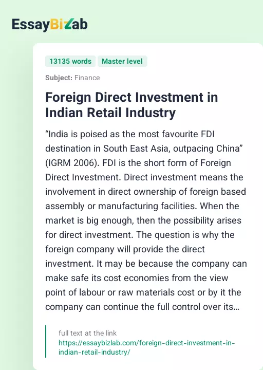 Foreign Direct Investment in Indian Retail Industry - Essay Preview