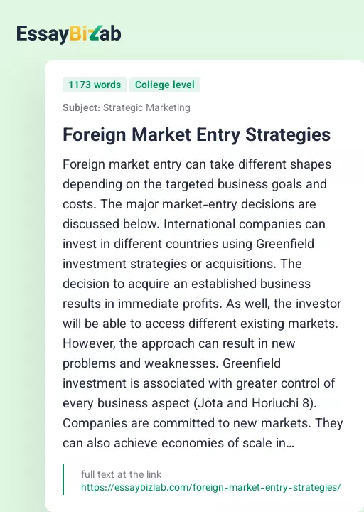 Foreign Market Entry Strategies - Essay Preview