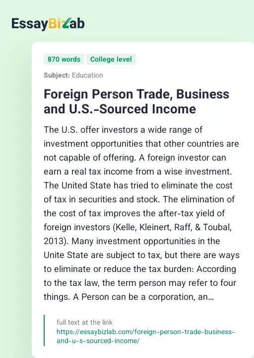 Foreign Person Trade, Business and U.S.-Sourced Income - Essay Preview