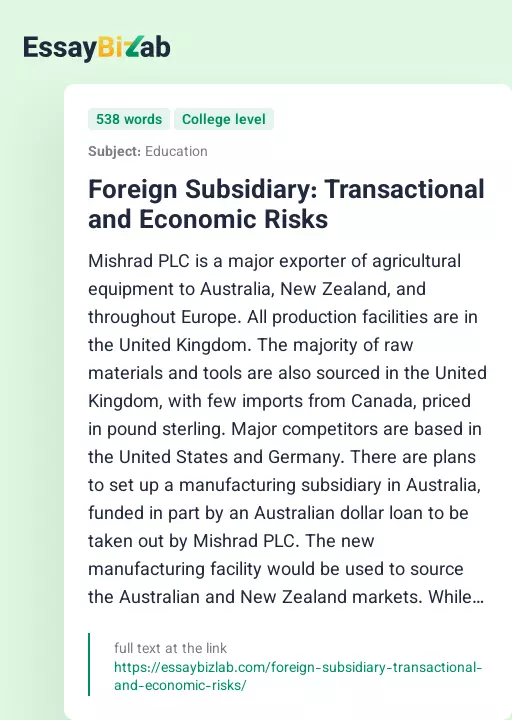 Foreign Subsidiary: Transactional and Economic Risks - Essay Preview