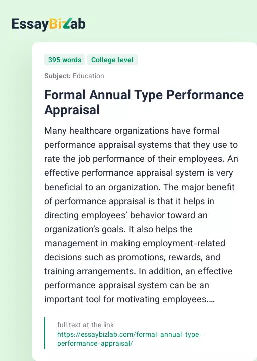Formal Annual Type Performance Appraisal - Essay Preview