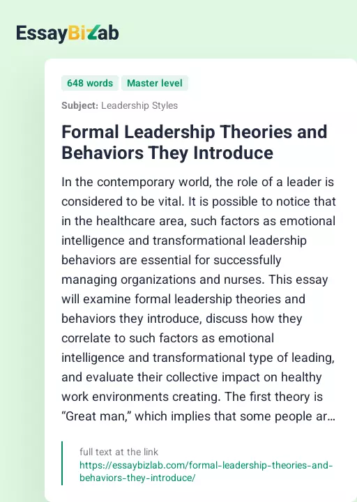 Formal Leadership Theories and Behaviors They Introduce - Essay Preview