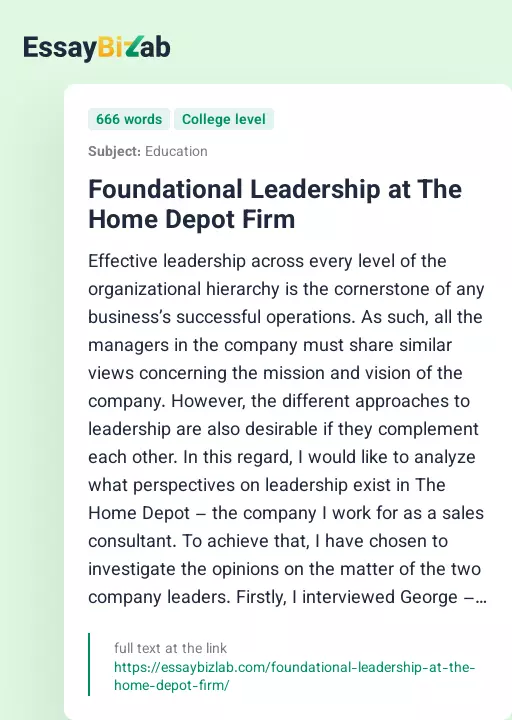 Foundational Leadership at The Home Depot Firm - Essay Preview