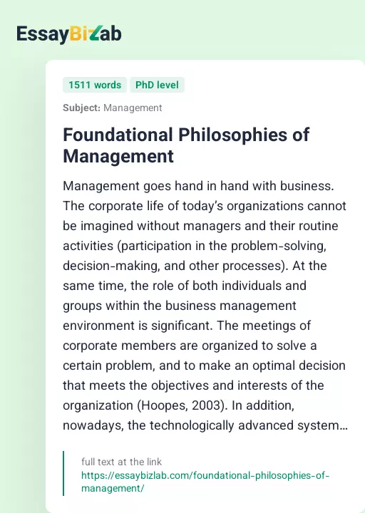 Foundational Philosophies of Management - Essay Preview