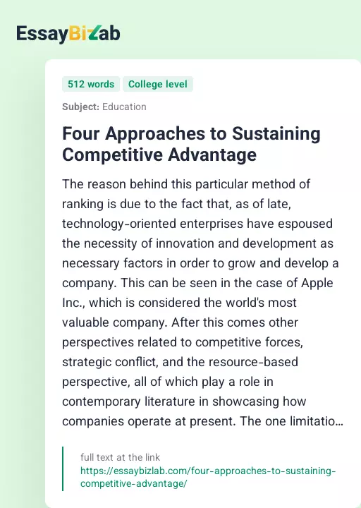 Four Approaches to Sustaining Competitive Advantage - Essay Preview
