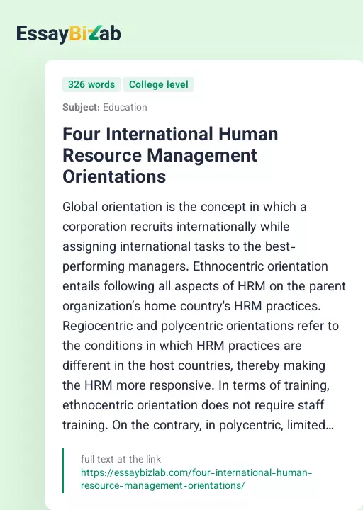 Four International Human Resource Management Orientations - Essay Preview