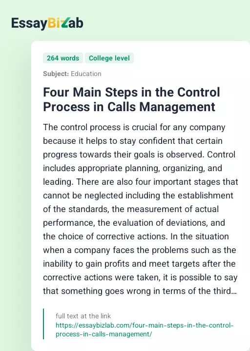 Four Main Steps in the Control Process in Calls Management - Essay Preview