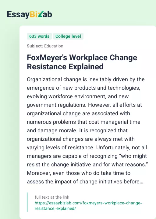 FoxMeyer's Workplace Change Resistance Explained - Essay Preview