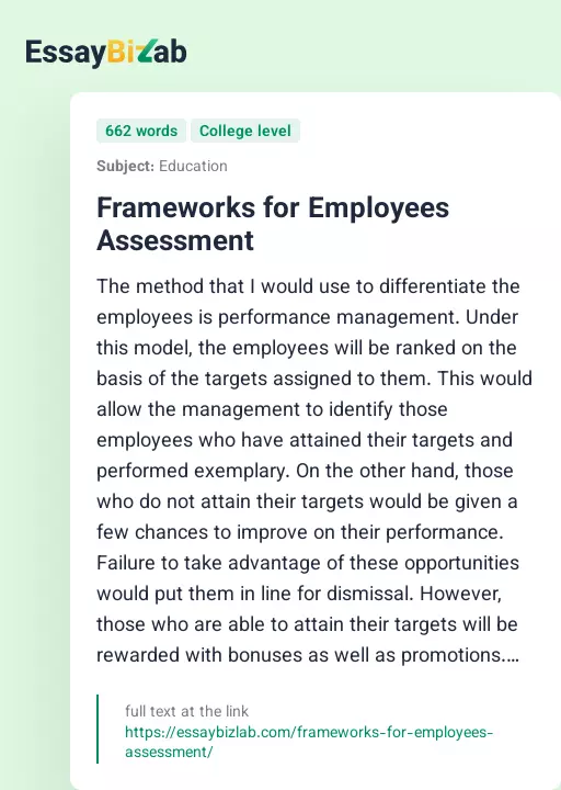 Frameworks for Employees Assessment - Essay Preview