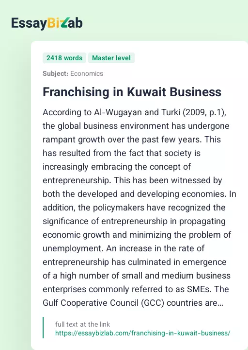 Franchising in Kuwait Business - Essay Preview